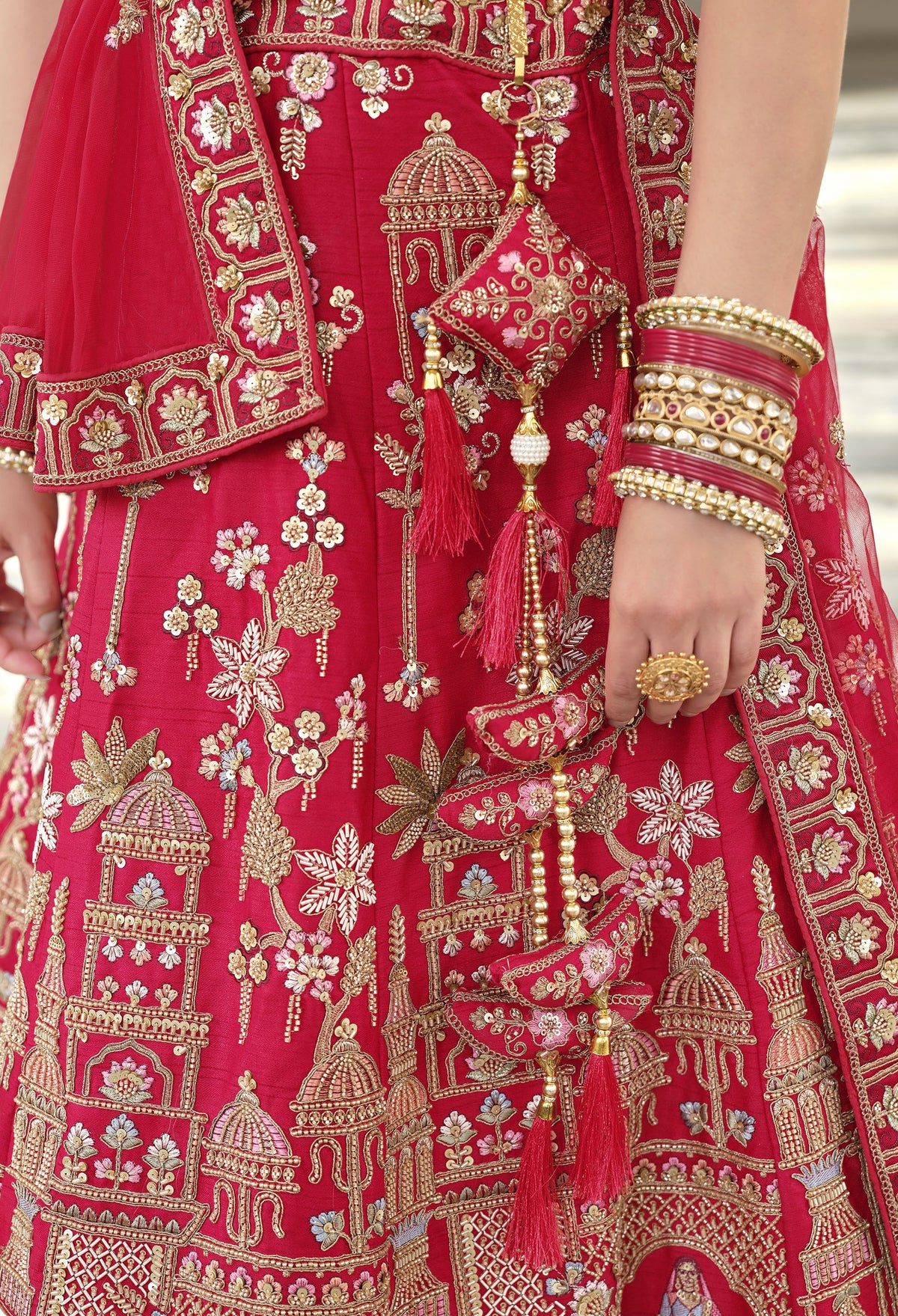 Red Silk Zardozi and Beads Multi Thread Embroidered Bridal Lehenga