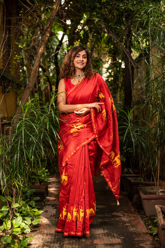 Red chanderi silk saree with ethnic deer motif