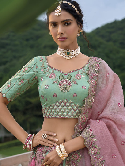 Pink Sequins and Floral Embroidery Silk Bridal Lehenga