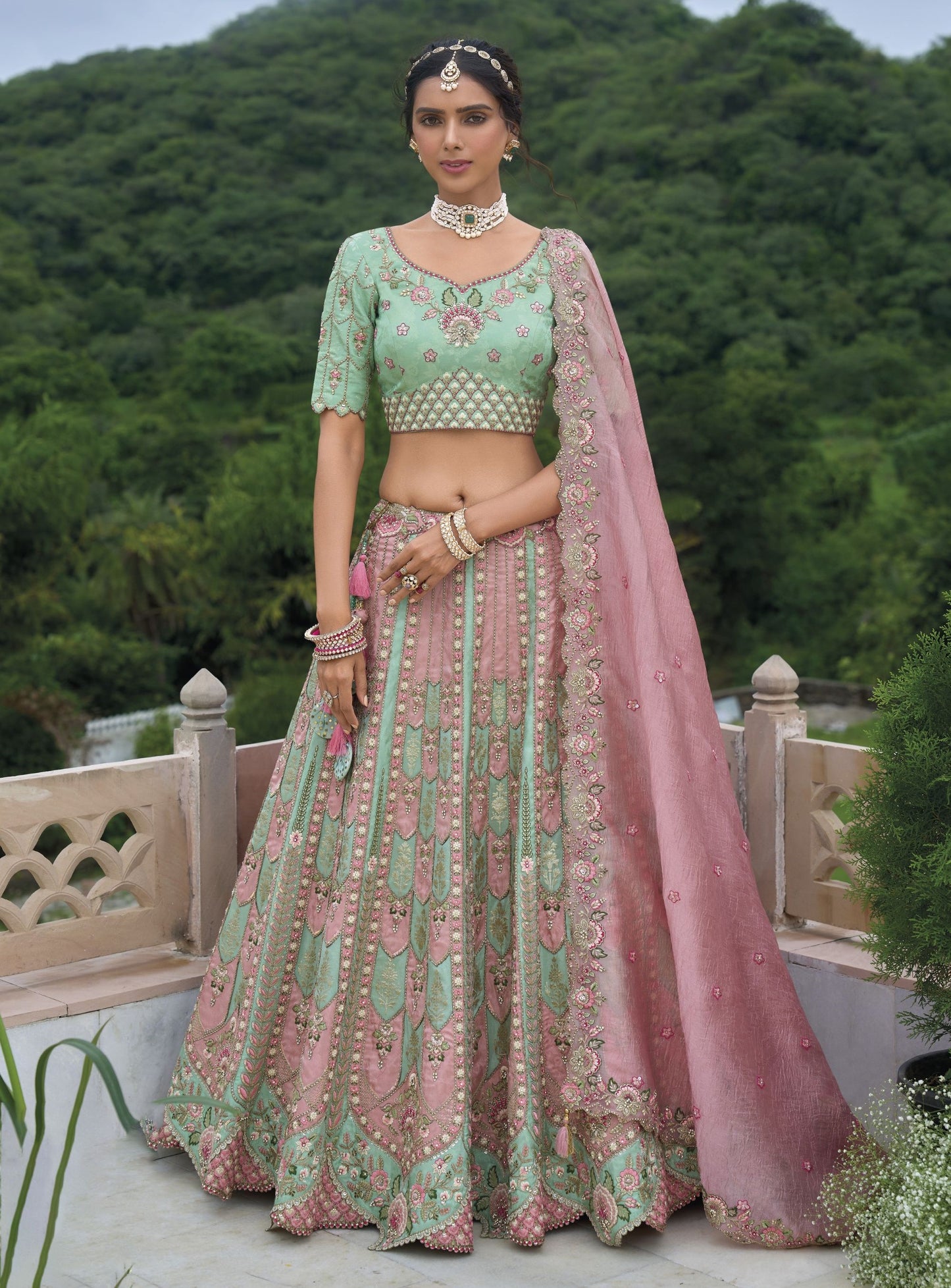 Pink Sequins and Floral Embroidery Silk Bridal Lehenga