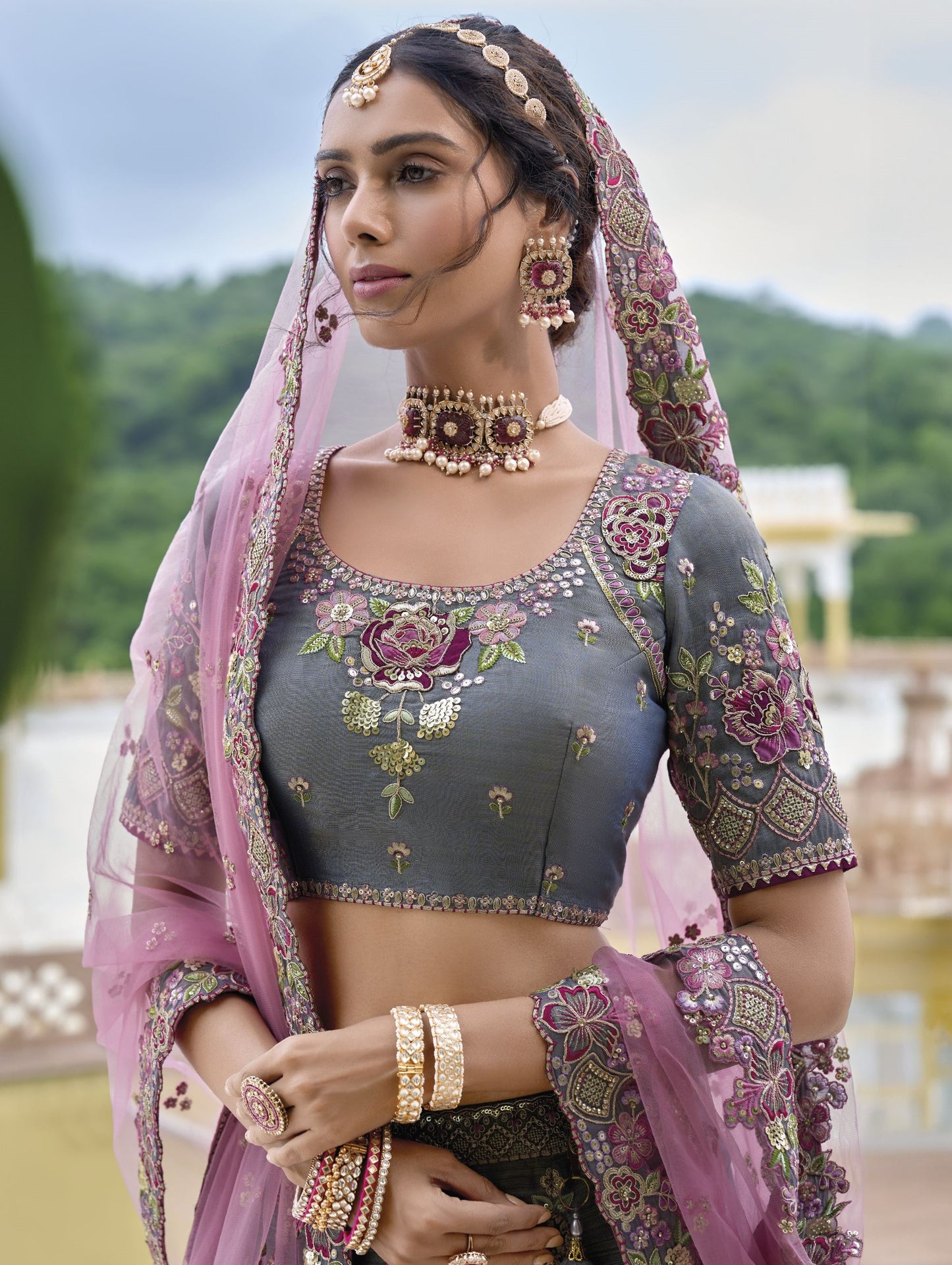Grey Sequins and Floral Embroidery Silk Bridal Lehenga