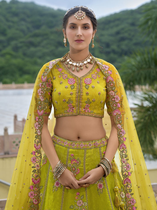 Yellow Sequins and Floral Embroidery Silk Bridal Lehenga