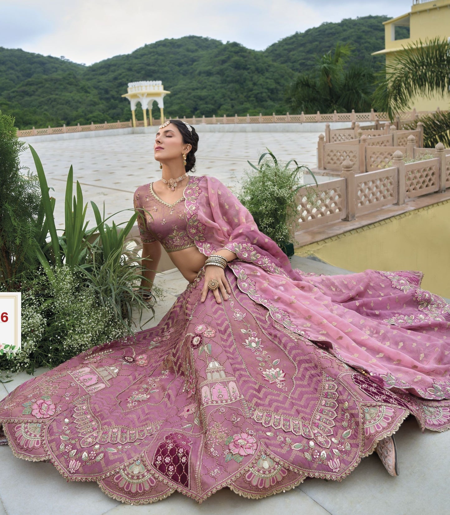 Mauve Pink Sequins and Floral Embroidery Silk Sangeet Lehenga