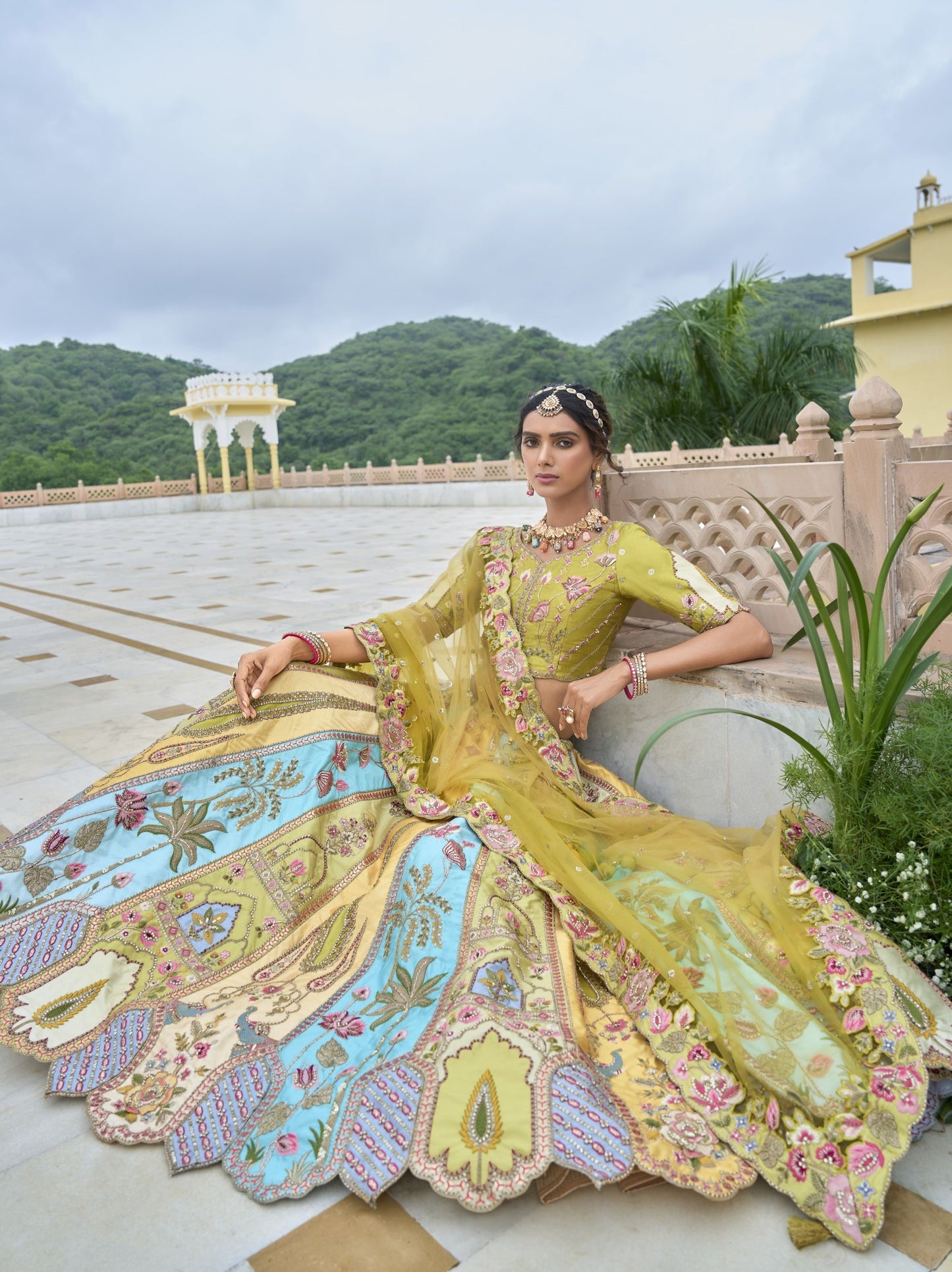 Multi Color Sequins and Floral Embroidery Silk Haldi Lehenga