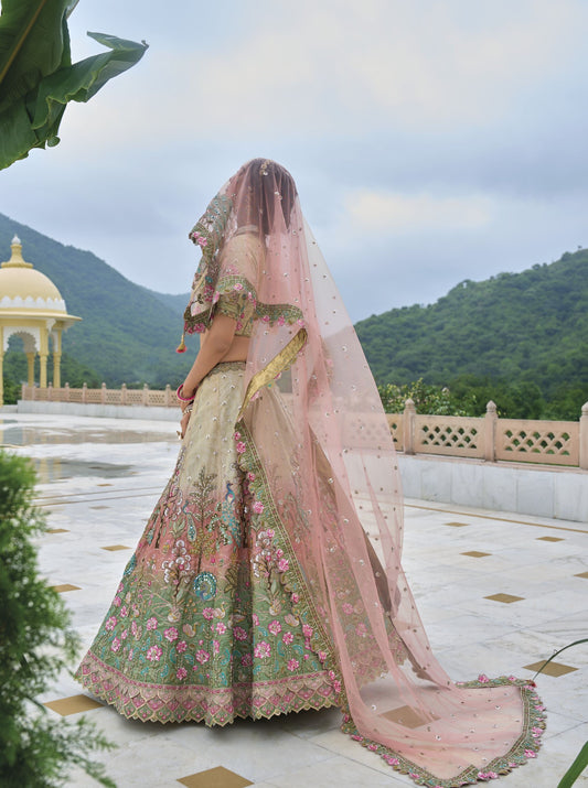 Green and Cream Sequins Embroidery Silk Bridal Lehenga