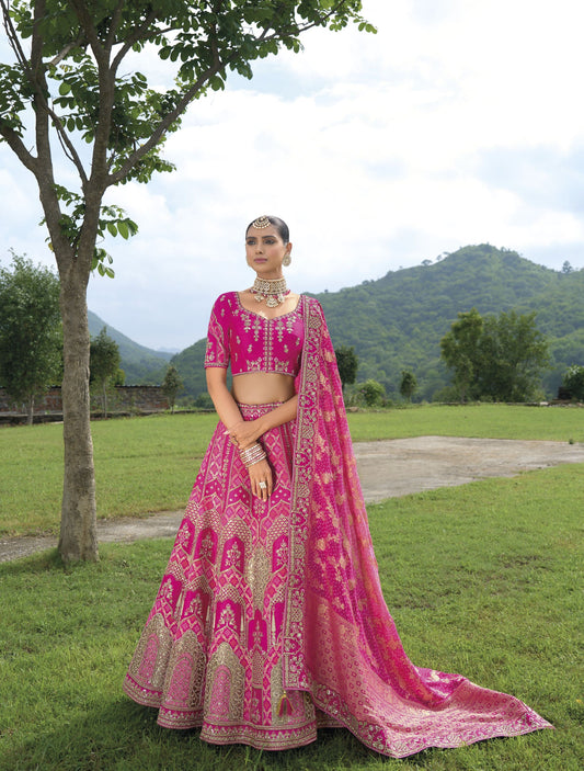 Dark Pink Khatli and Sequence Embroidery Silk Bridal Lehenga