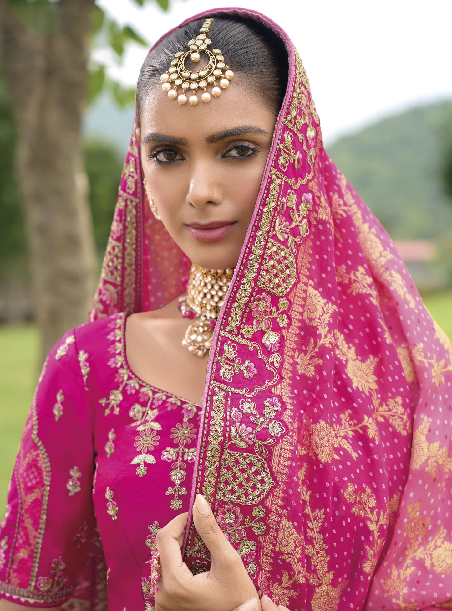Dark Pink Khatli and Sequence Embroidery Silk Bridal Lehenga