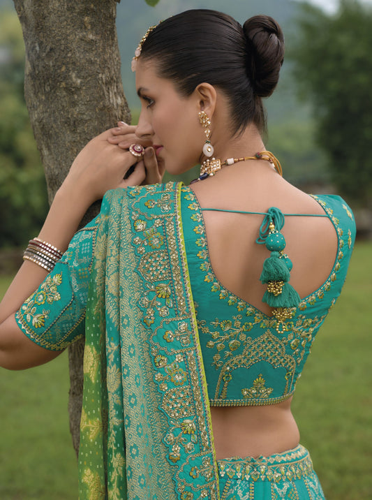 Rama Green Khatli and Sequence Embroidery Silk Bridal Lehenga