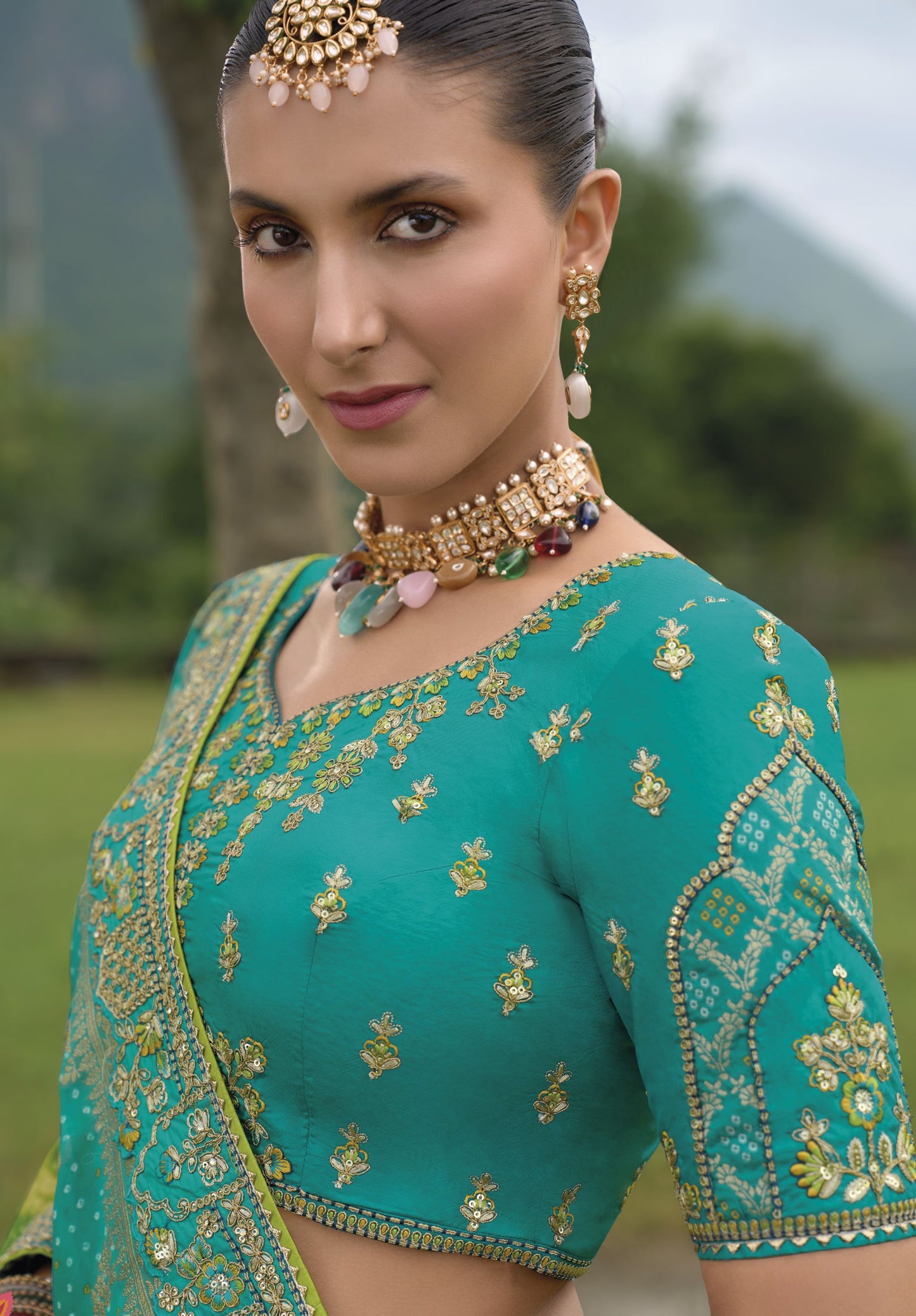 Rama Green Khatli and Sequence Embroidery Silk Bridal Lehenga