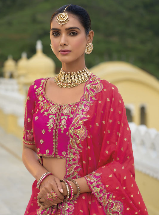 Red and Rani Pink Khatli and Sequence Embroidery Silk Bridal Lehenga