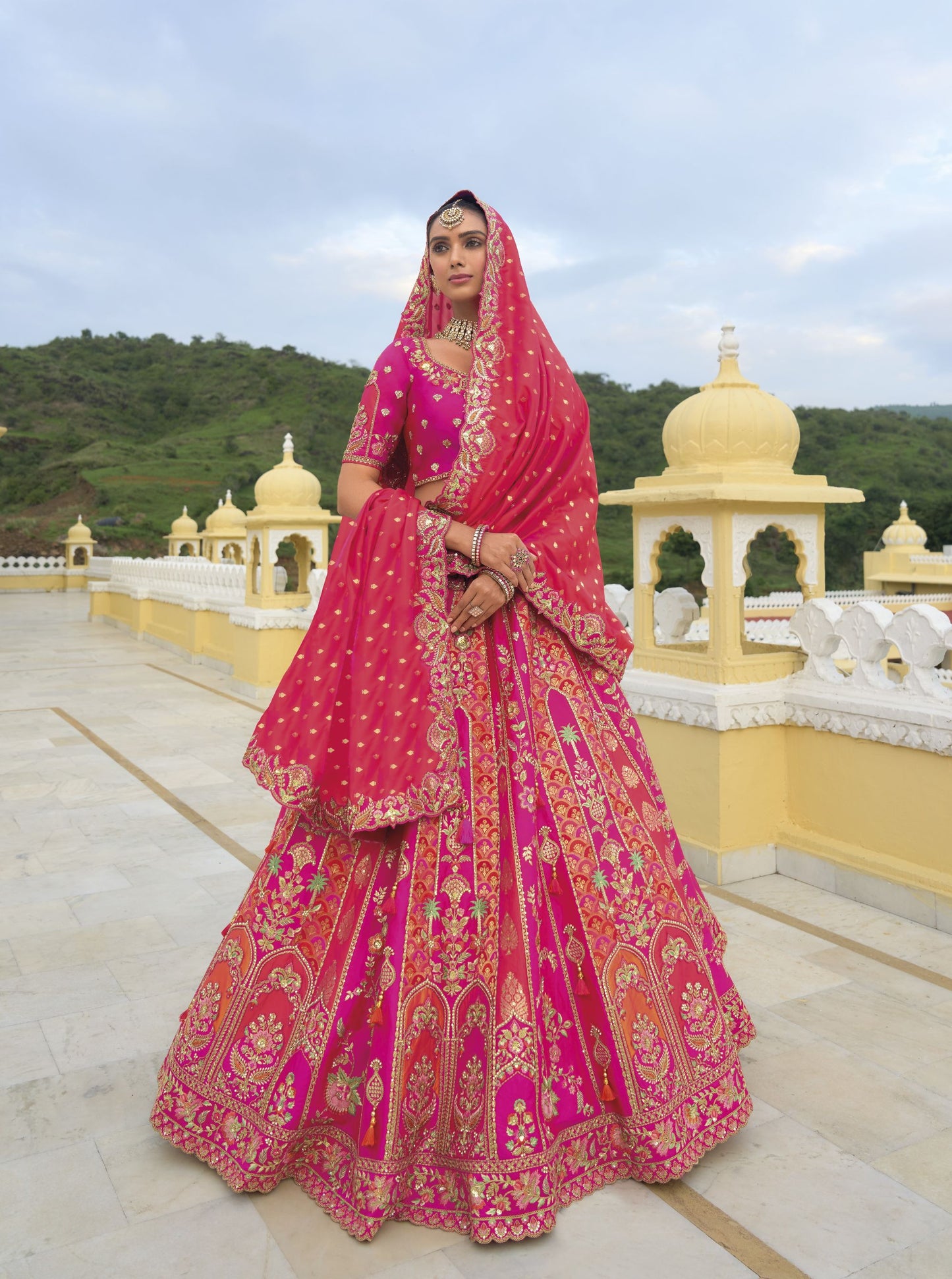 Red and Rani Pink Khatli and Sequence Embroidery Silk Bridal Lehenga
