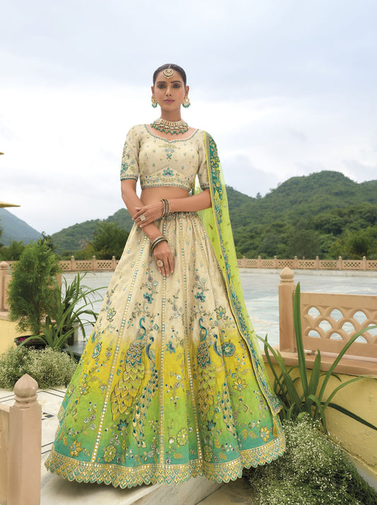 Beige and Sea Green Khatli and Sequence Embroidery Silk Bridal Lehenga