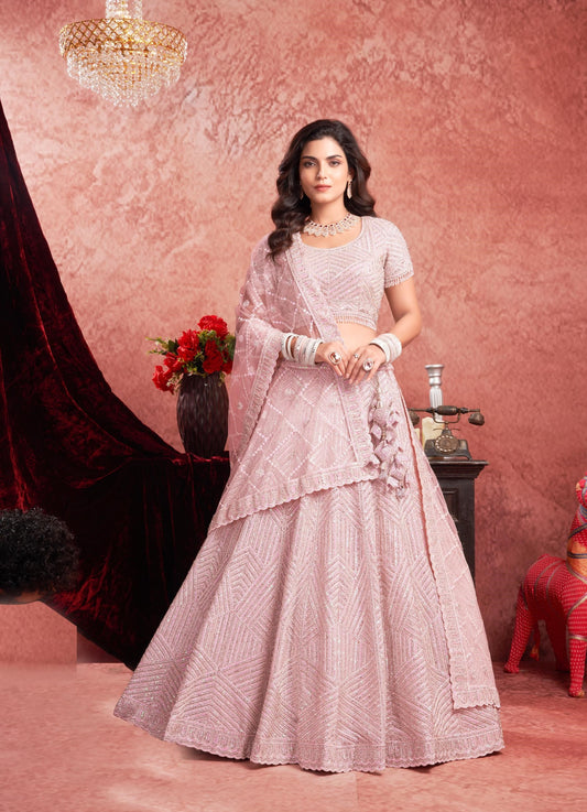 Pink Color Mirror & Zarkan Embroidery Net Bridal Lehenga