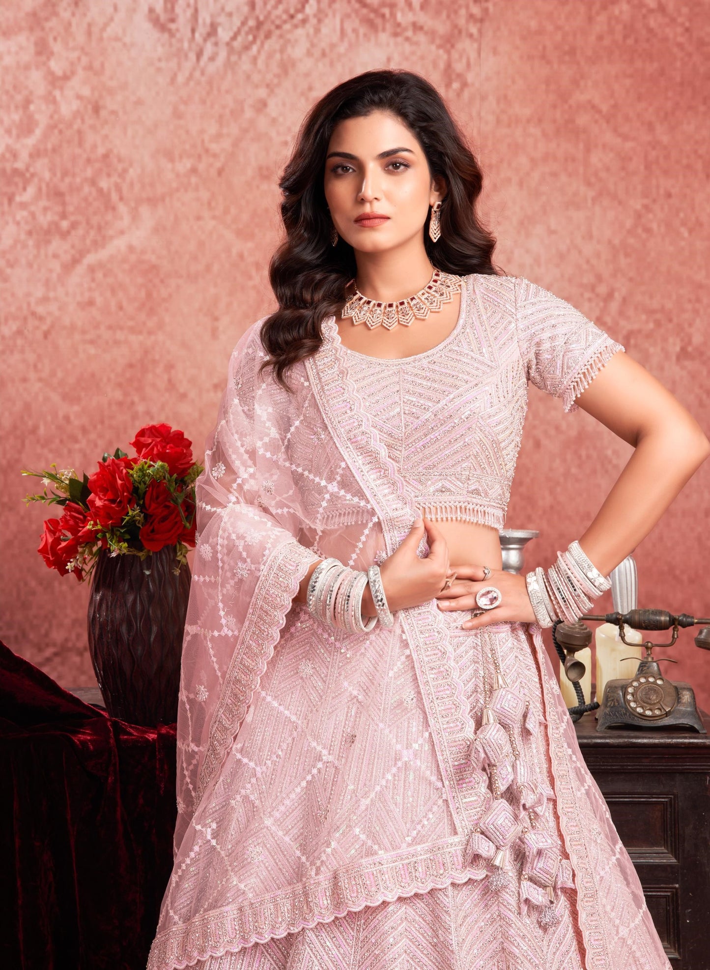 Pink Color Mirror & Zarkan Embroidery Net Bridal Lehenga
