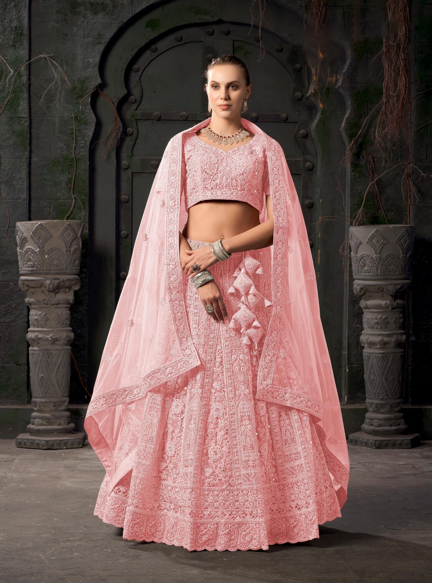 Light Pink Zarkan Embroidery Net Wedding Guest Lehenga