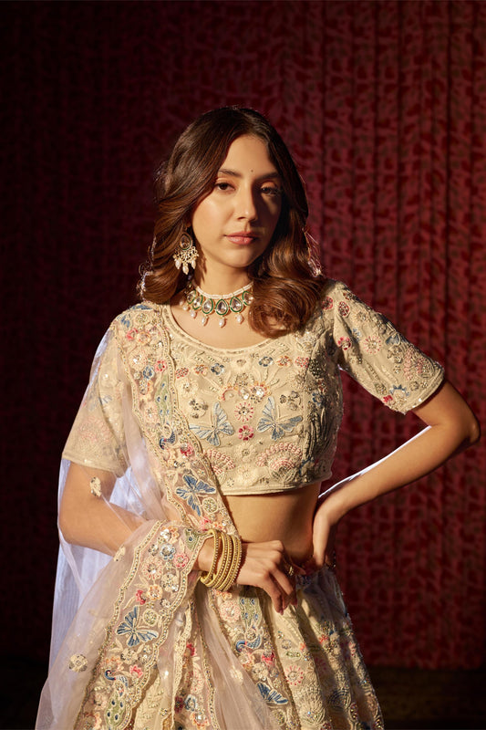 Off White Georgette Zari & Dori Embroidered Reception Lehenga