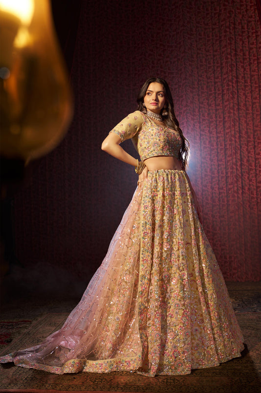 Beige Net Sequins & Zarkan Embroidered Bridal Lehenga