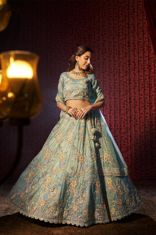 Turquoise Organza Zari & Dori Embroidered Sangeet Lehenga