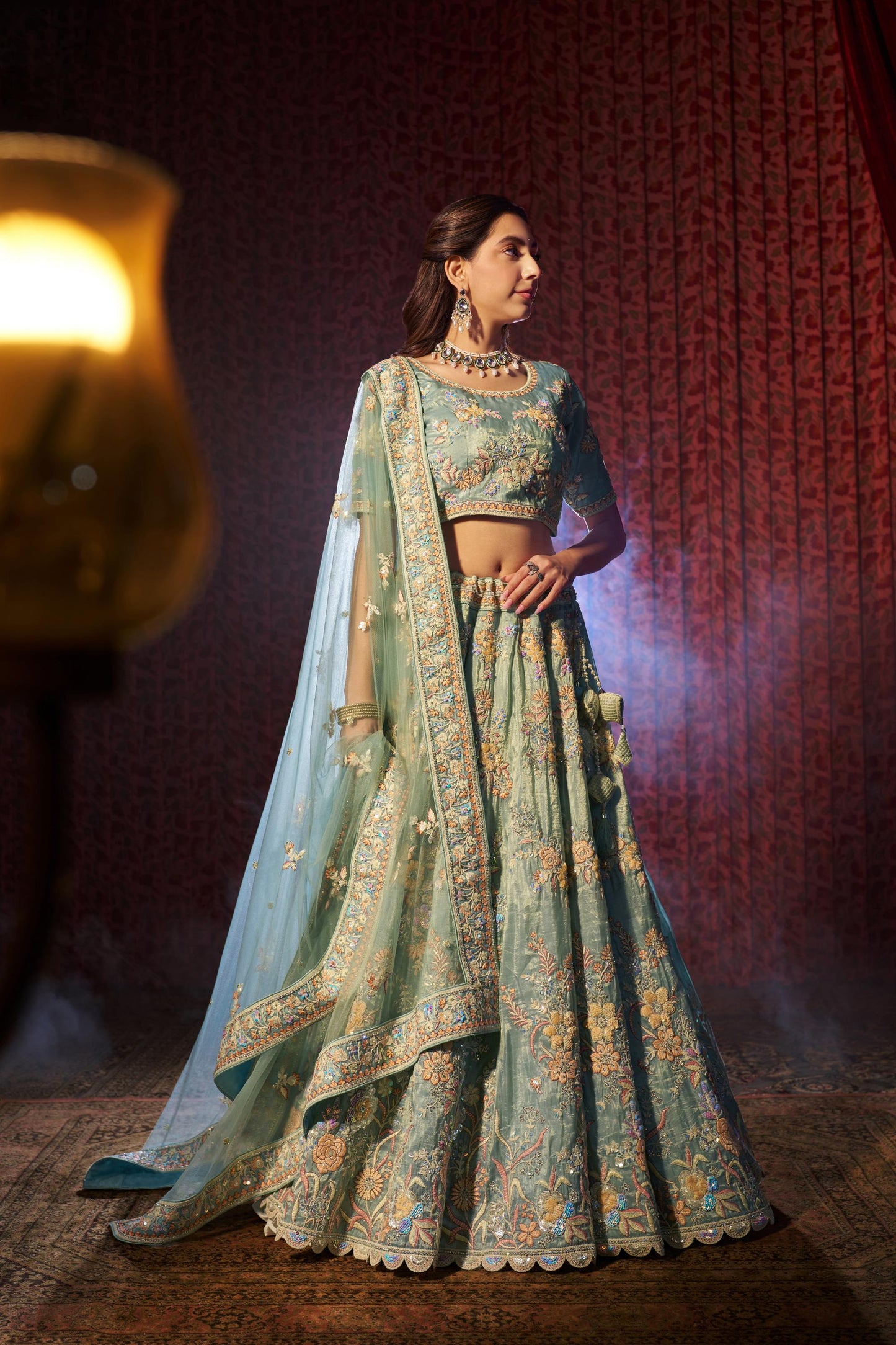 Turquoise Organza Zari & Dori Embroidered Sangeet Lehenga