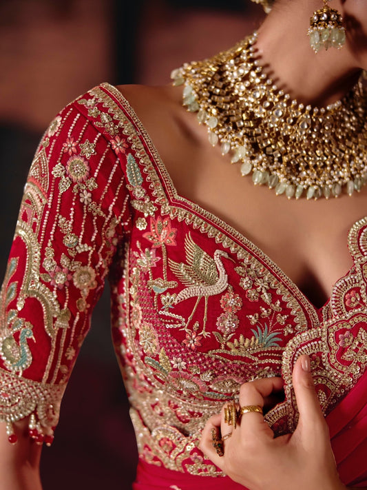 Red Silk Cut dana, Zardozi & Beads Embroidered Heavy Bridal Lehenga