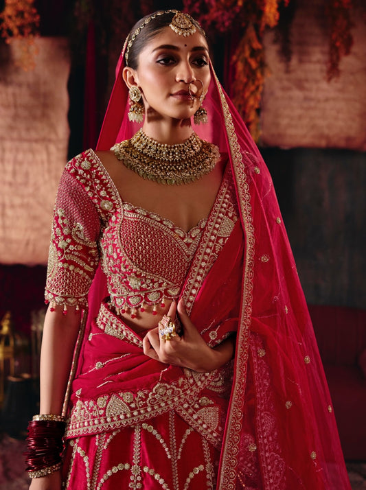 Red Silk Heavy Cut Dana, Zardozi & Beaded Embroidered Bridal Lehenga