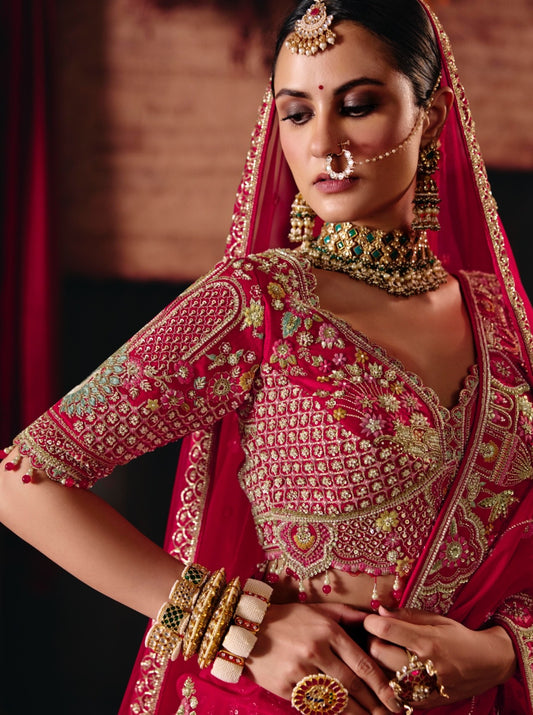 Red Silk Cut dana, Zardozi & Beads Heavy Embroidered Bridal Lehenga