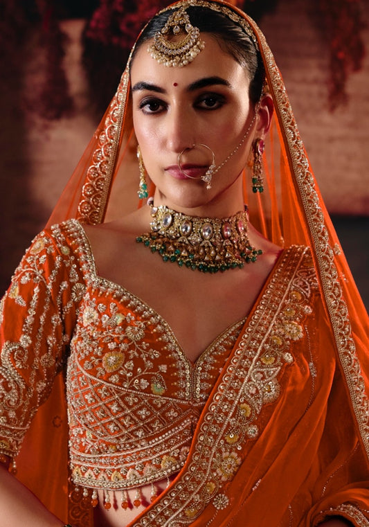 Orange Silk Heavy Cut dana, Zardozi & Beads Embroidered Bridal Lehenga