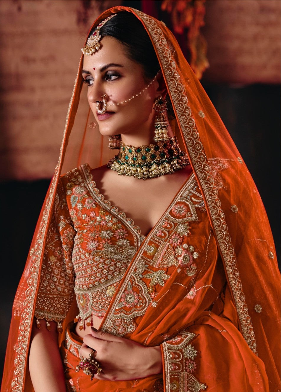 Orange Cut dana, Zardozi & Beads Heavy Embroidered Silk Bridal Lehenga