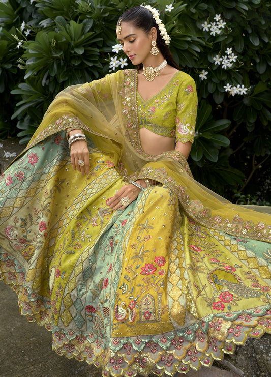 Yellow & Green Silk Heavy Cut Work and Sequins Embroidery Bridal Lehenga