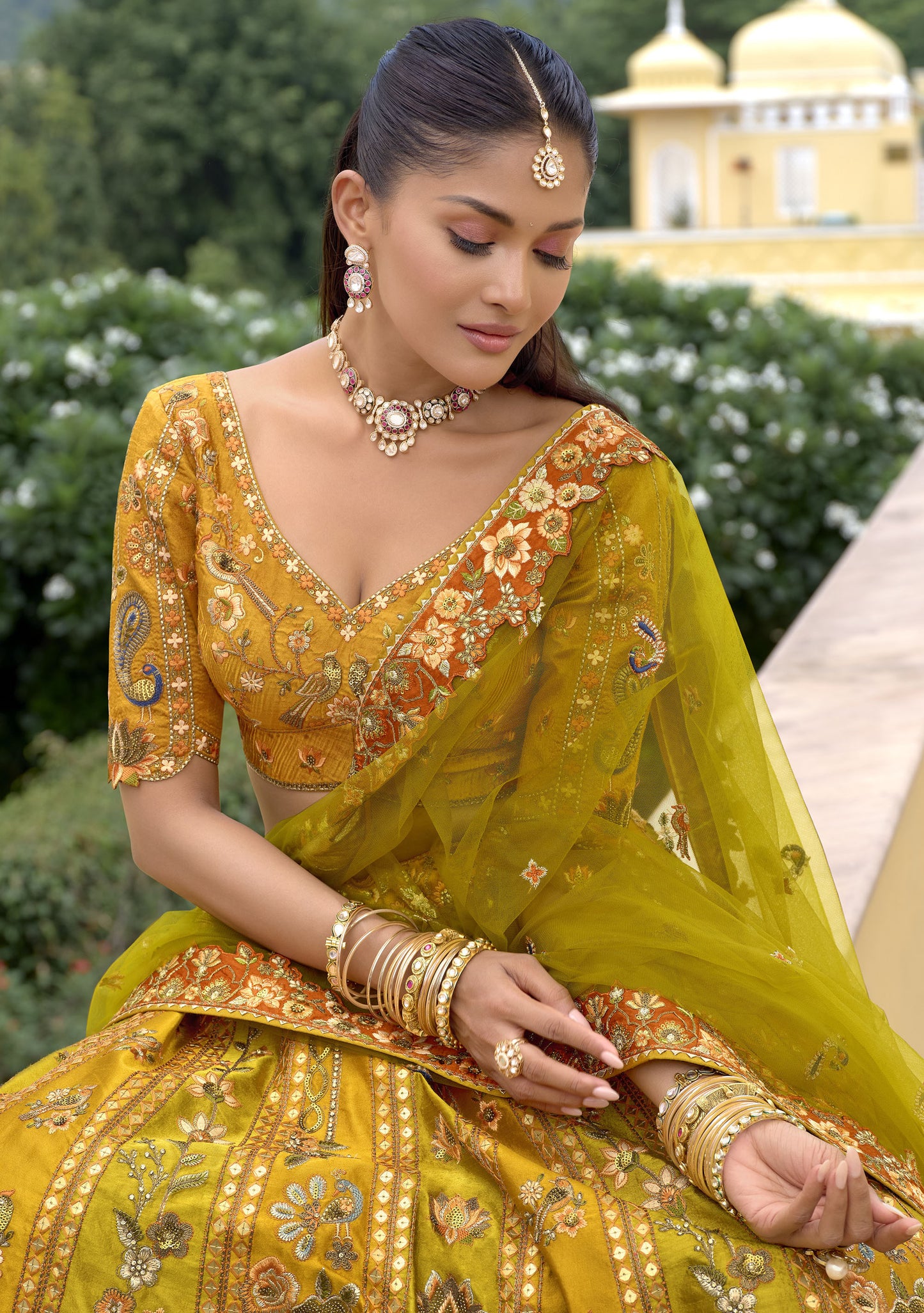 Dark Yellow Silk Cut Work Bridal Lehenga Choli With Dual-Tone Dupatta