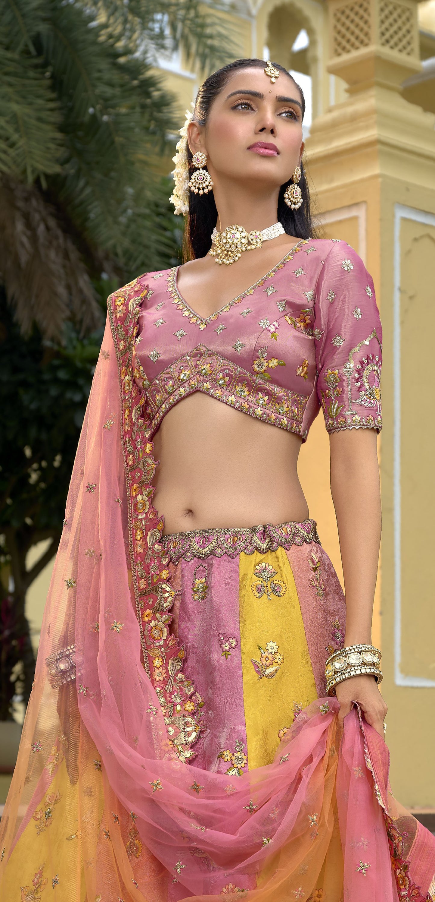 Rose Pink & Yellow Silk Cut Work Bridal Lehenga Choli for Sangeet