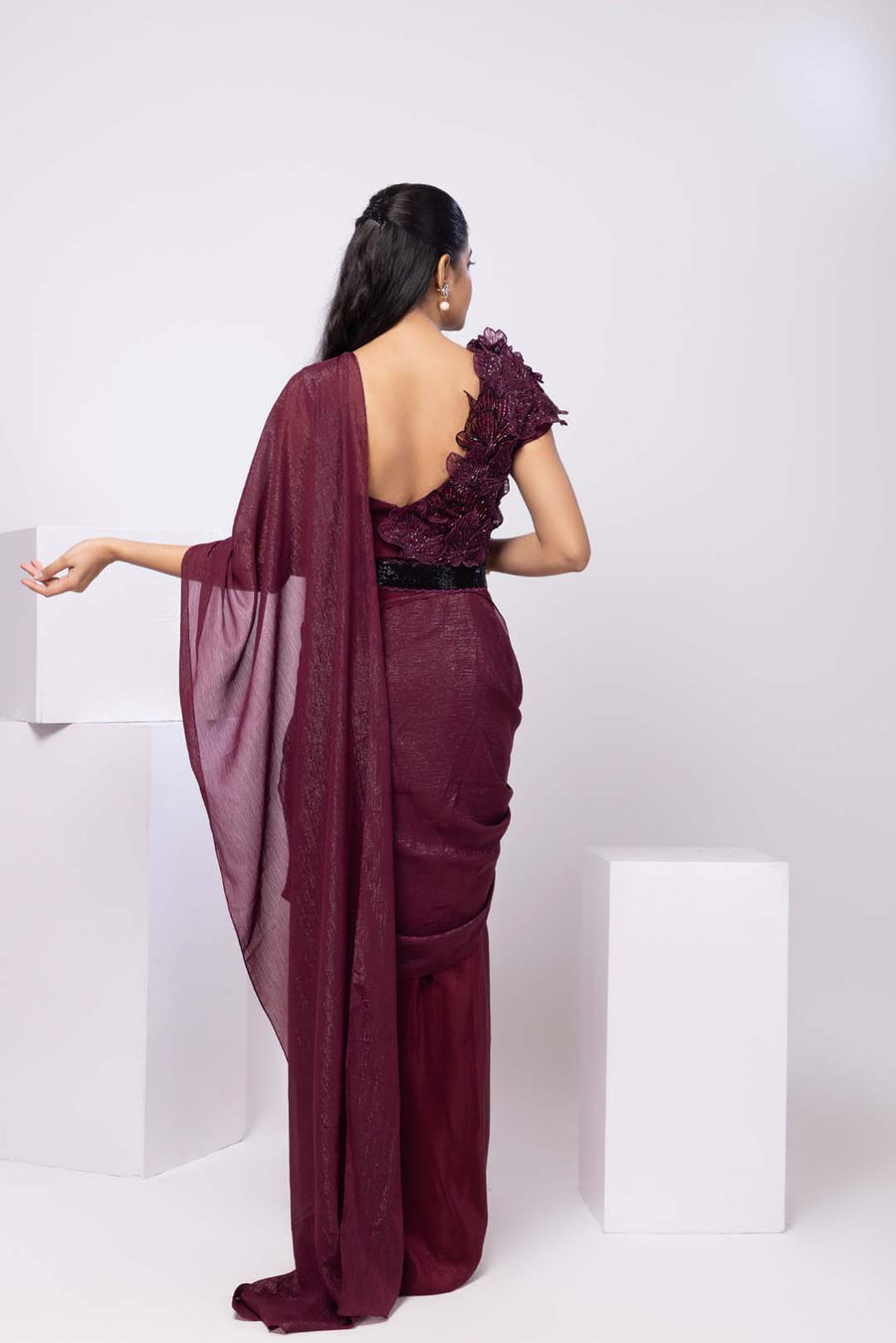 Wine 3d Floral Blouse and Drape Saree Set