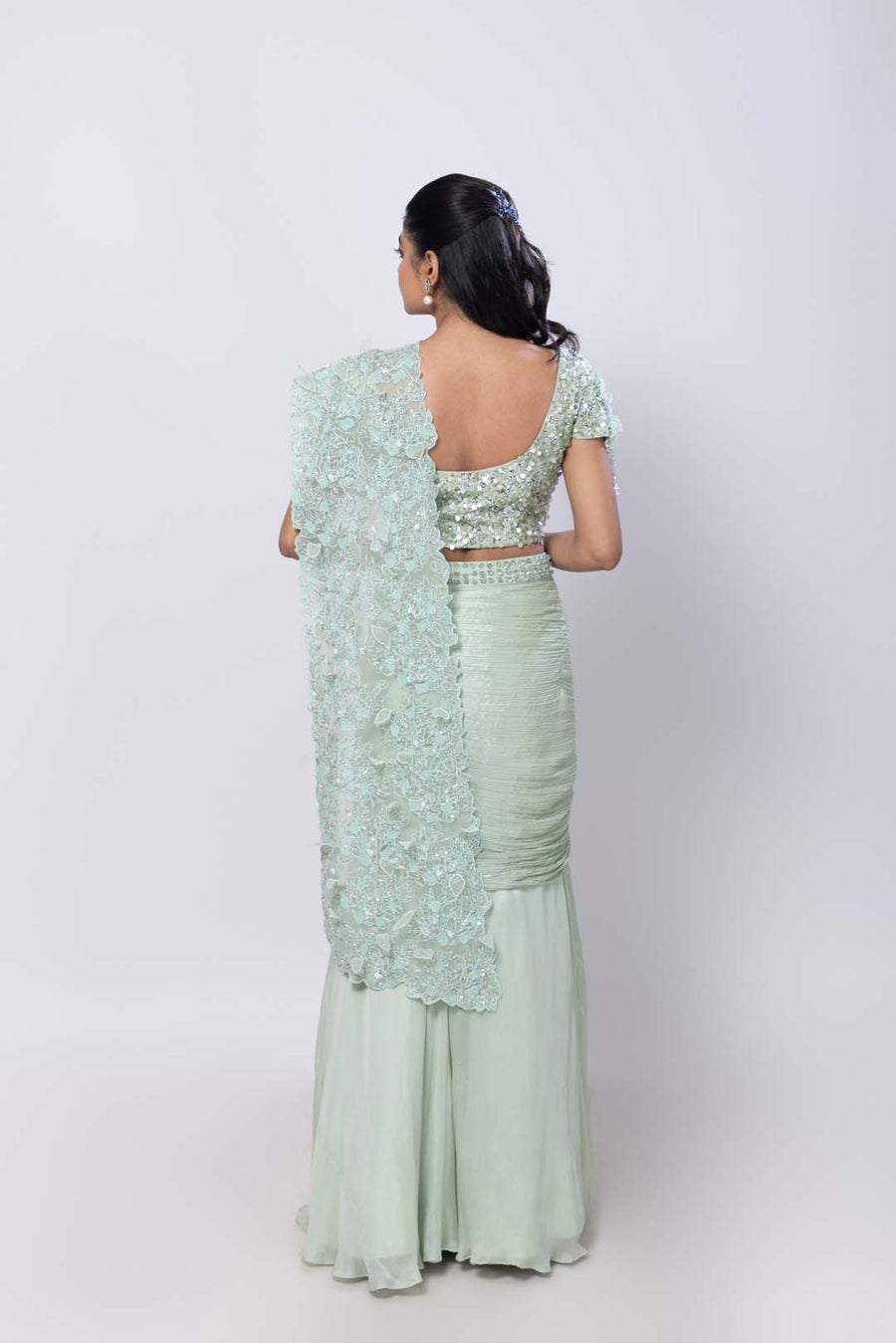 Romantic Green Pearl Embellished Drape Saree