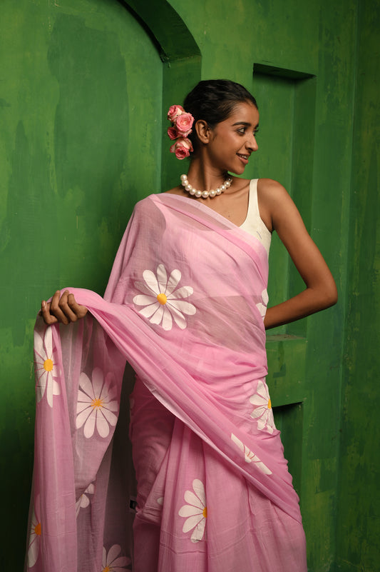 Dil ke Jharokhe I Pink mul cotton handloom saree with handpainted florals