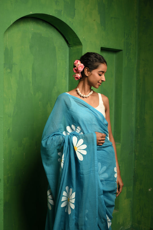 Saanjh ki dulhan I Blue mul cotton handloom saree with hand painted florals