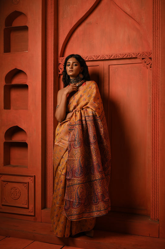 Rang Bahaar I Golden yellow paisley printed silk saree