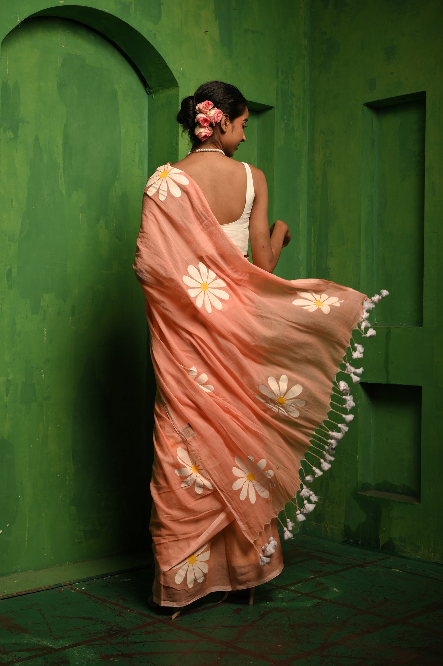 Pyaar ki Kahani I Peach mul cotton handloom saree with hand painted florals