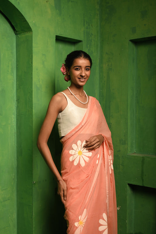 Pyaar ki Kahani I Peach mul cotton handloom saree with hand painted florals