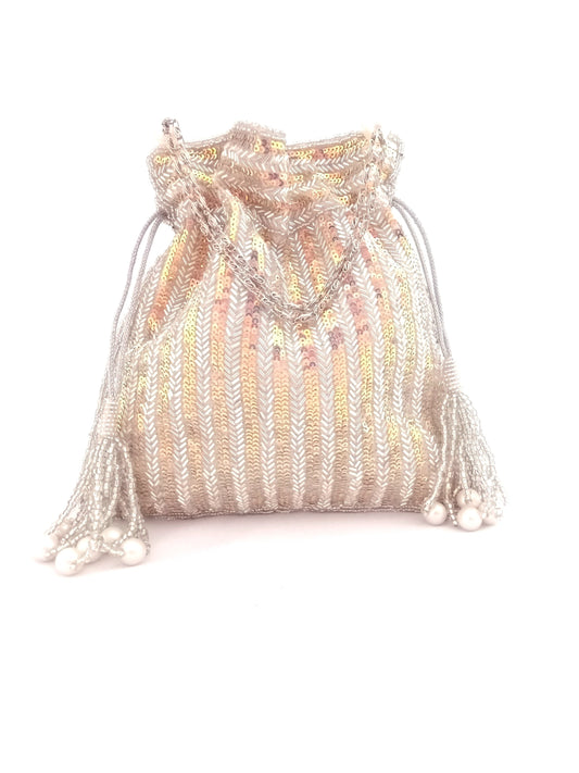 Silver Rainbow Sequins Hand Embroidered Potli