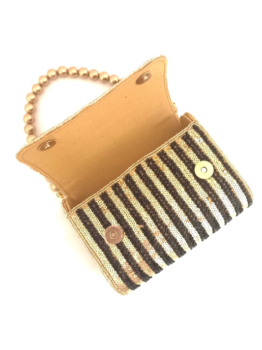 Black Gold Striped Flap Over Hand Embroidered Clutch