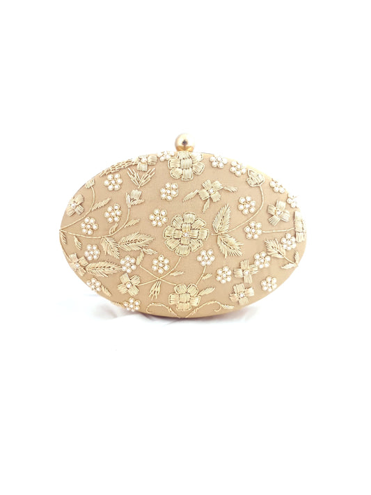 Beige Oval Dabka Hand Embroidered Clutch
