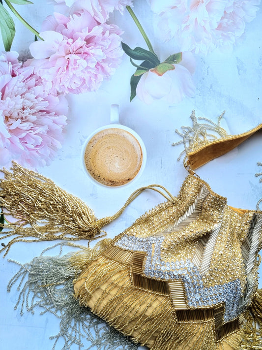 Gold Color Glitzy Diva Tassel Hand Embroidered Potli