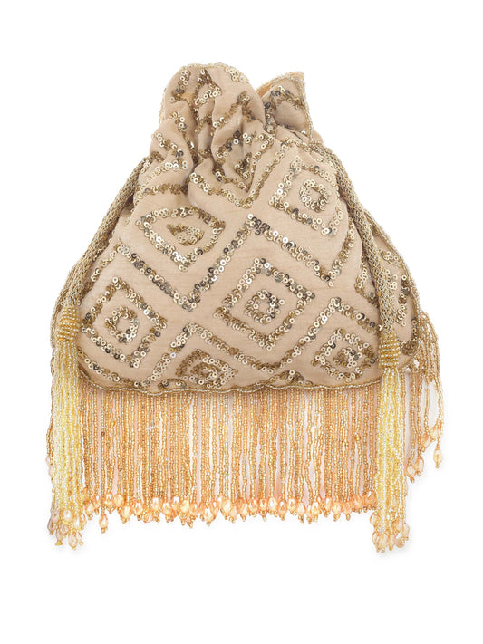 Beige Rhombus Sparkle Potli With Crystal Tassels