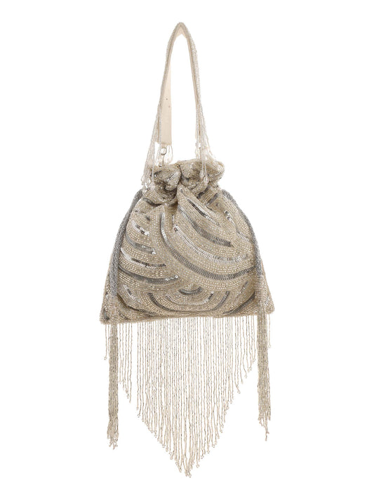 Silver Platinum Lux Potli With Long Bead Tassels