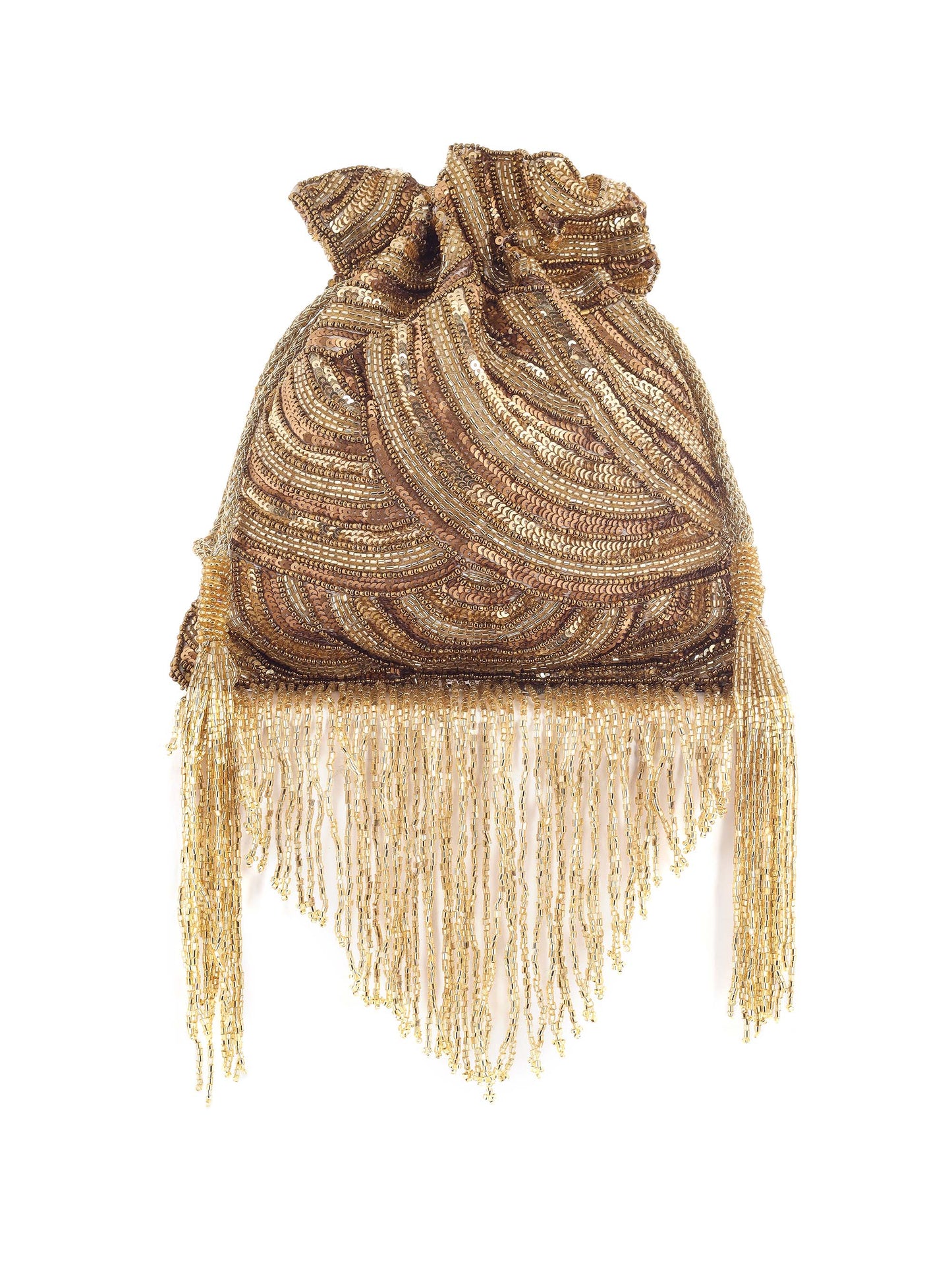 Gold Glittering Tassel Potli With Semi Circular Patterns