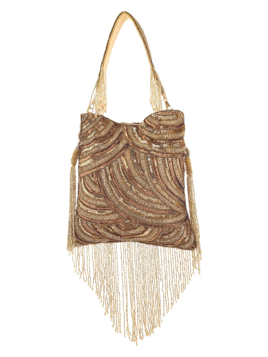 Gold Glittering Tassel Potli With Semi Circular Patterns