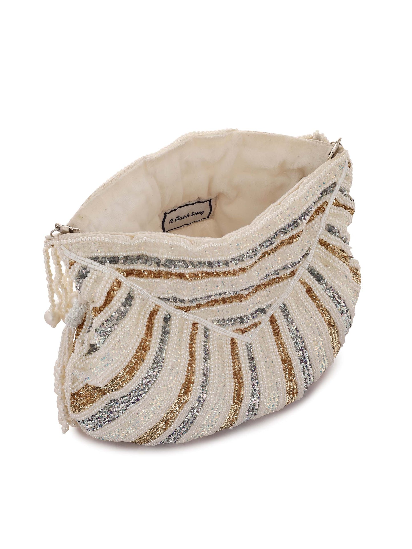 Glittering Tassel Potli with White Beads