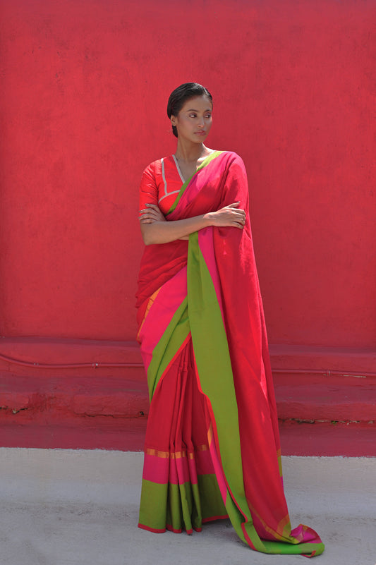 Kamini I Red Handloom Cotton Acrylic Saree With Green Border