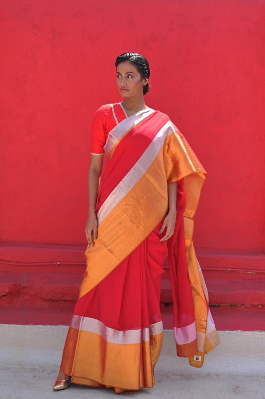 Angana I Red Handloom Cotton Saree With Silver and Golden Border