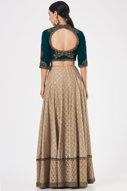 Beige Silk Printed Lehenga Set